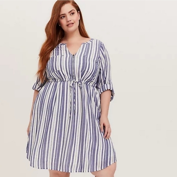 Torrid Women's Blue & White Striped Front Zip Drawstring 3/4 Sleeve Dress Sz 2x - Picture 1 of 12